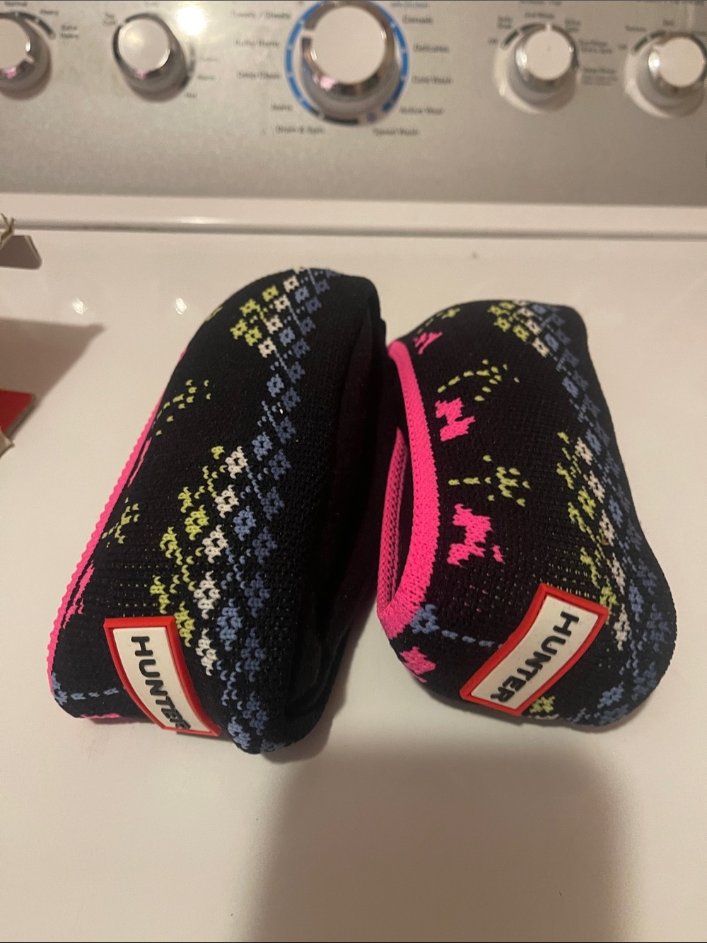 Hunter Black Knit Slip-On Boot Socks with Pink & Lime Fair Isle